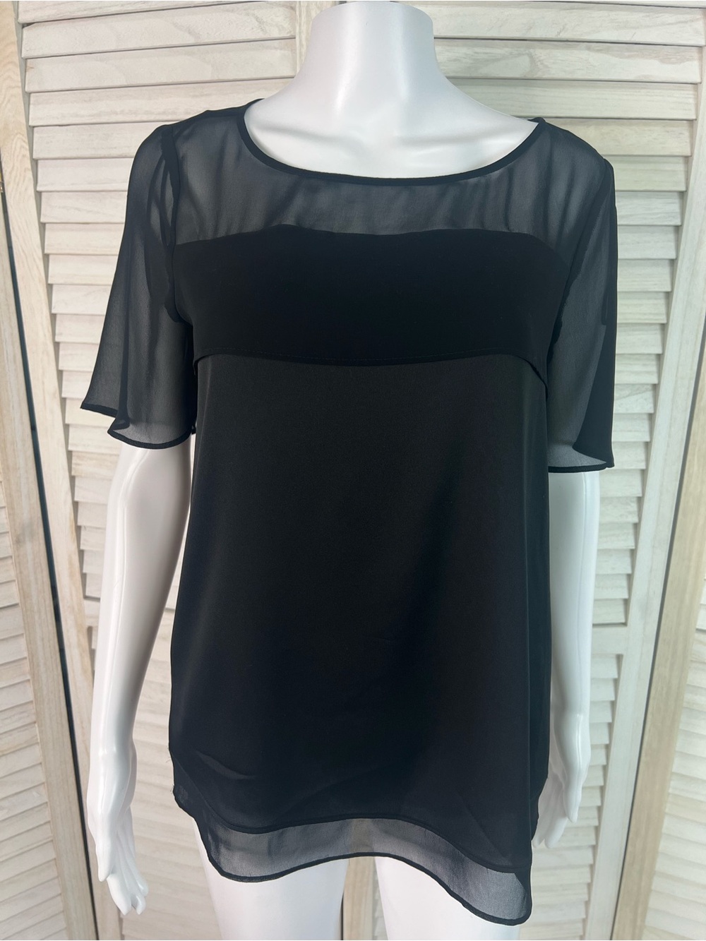 Ann Taylor Black Sheer Accents Flutter Sleeve Blouse